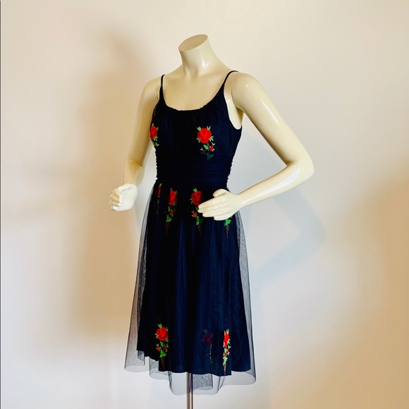 ANNA SUI Navy Blue Tulle Party Dress Red Rose Midi - Picture 2 of 6